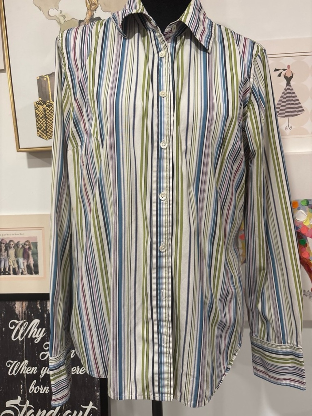 J. Crew Men's White Button-Up Shirt with Blue, Green and Red Stripes